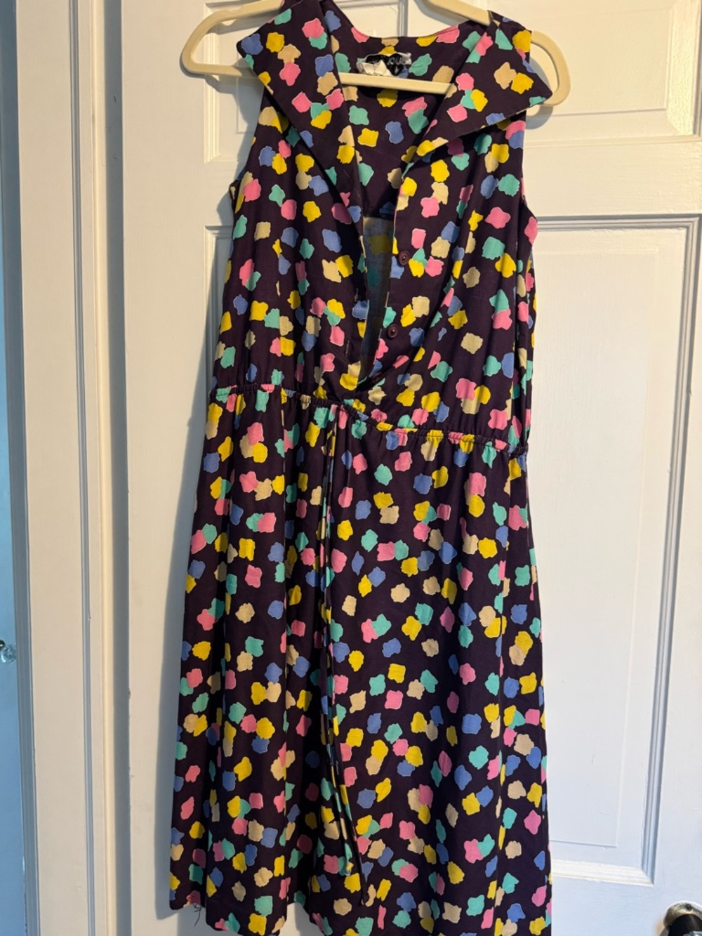 Vintage 80s Sleeveless Navy Dress with Multicolor Confetti Print